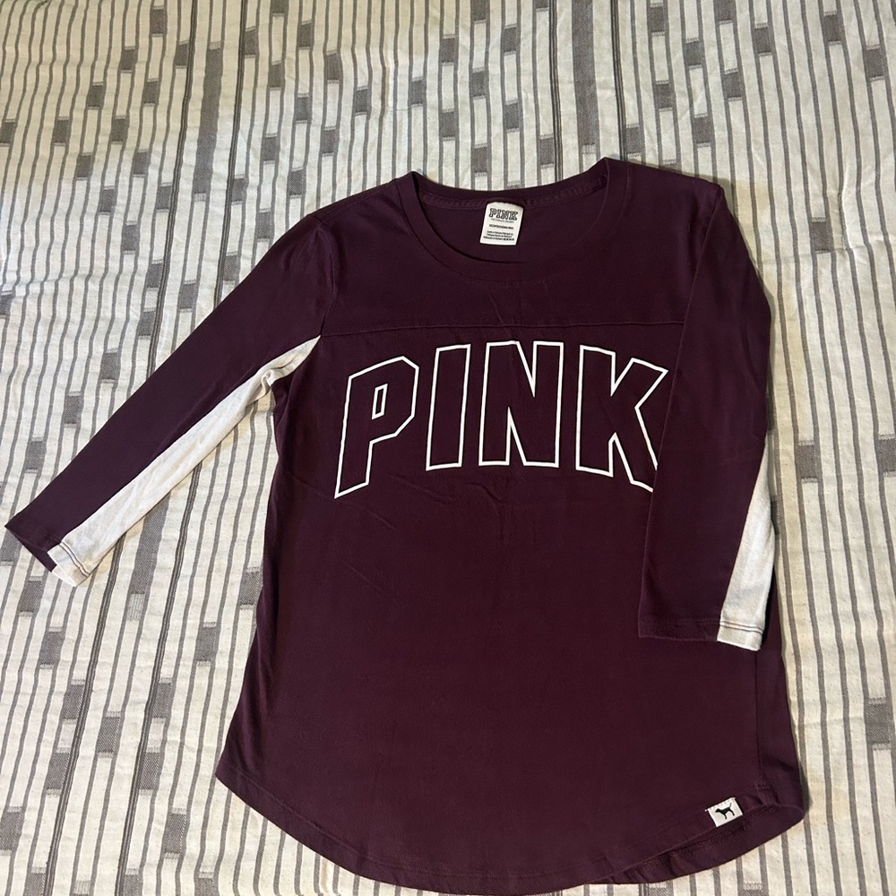 PINK Victoria's Secret Maroon and White Half Sleeve Tee